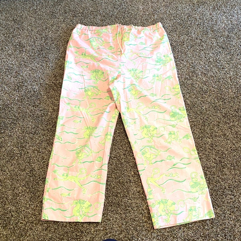 Vtg Lilly Pulitzer Pajama Pants Preppy Scuba Monkey Lounge Womens L Pink Green